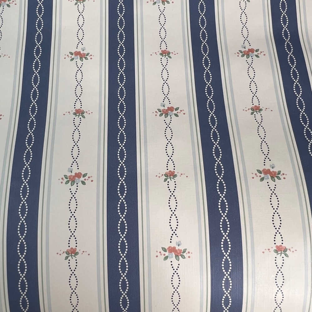 Vintage‎ Floral Striped Wallpaper Roll Navy Blue Cream Cottagecore 20.5 Inch